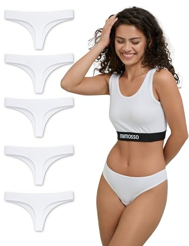 mimosso damtanga av ekologisk bomull, 5-pack – sträng damer klassisk design – bekväm att bära utan skärning – osynliga underkläder för vardagen (storlek S – 2XL), Vit, M