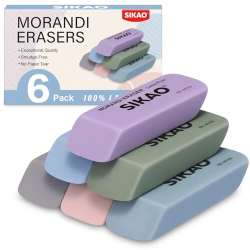 SIKAO Gomas de Borrar Colores Morandi Pack de 6 – Goma para Lápiz para Niños, Gomas Pastel sin Látex, Borrado Limpio con Forma Biselada para Escuela, Dibujo y Material Escolar