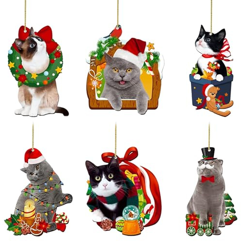 TYXHXTF 6 Stück Niedliche Katzen Weihnachtsbaumschmuck Anhänger Katzen Dekorative Ornamente Acryl Deko Lustige Christbaumschmuck für Zuhause Festliche Partys