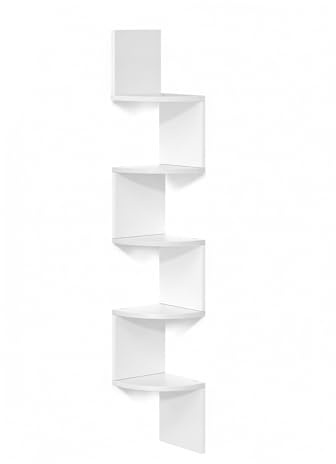 Relaxdays Hörnhylla, H x B x D: 125 x 20 x 20 cm, 5 våningar, MDF, sicksackdesign, vägghylla hörn, hängande bokhylla, vit