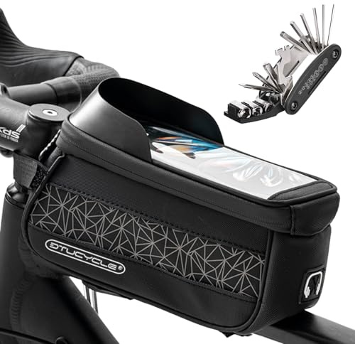 Fyfjur Fahrradtasche Rahmen, 2L Oberrohrtasche Fahrrad Handyhalterung Fahrrad Wasserdicht mit TPU Sensitivem Touchscreen für Smartphone Bis Zu 8 Zoll, Fahrradtasche Oberrohr mit 16-In-1 Multitool