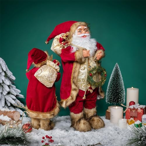Fictory Figura de Papá Noel de 30 cm, decoración navideña hecha a mano con barba de felpa, traje rojo tradicional y bolsa de regalo, decoración festiva de mesa para el hogar