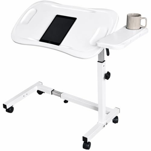 Sigmade Lift Chair Table with Plastic Tabletop, Overbed Table with Wheels, Adjustable Width & Height, with Split Tilt Design & 4 Caster Wheels with Brakes (White)
