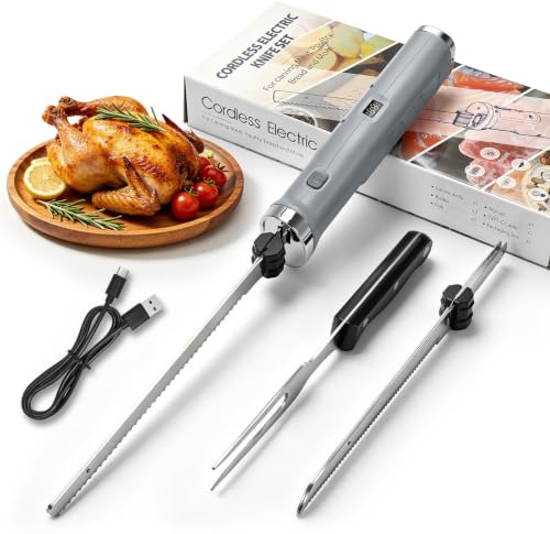 kswiown 8V Elektromesser, Elektrisches Messer mit 2 Edelstahlklingen | Kabelloses Küchenmesser mit Gabel, 2000 mAh Akku zum Schneiden von Truthahn Fleisch Brot Gemüse Obst Fisch (Grau)