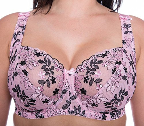 Gemm Ladies Pink & Black Embroidered Large Bosom Lace Underwired Firm Bra Plus Size Cup (36 DD)