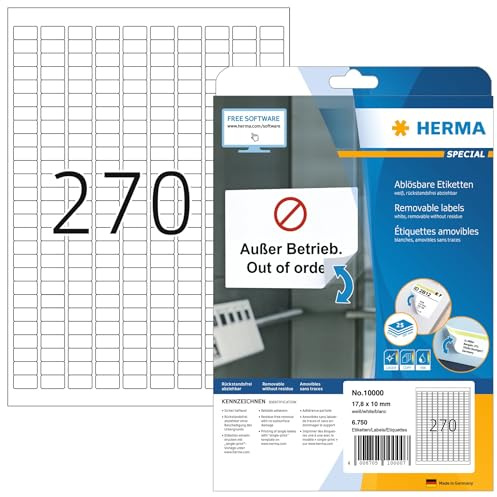 HERMA 10000 Universal Etiketten ablösbar, 25 Blatt, 17,8 x 10 mm, 270 pro A4 Bogen, 6750 Stück, selbstklebend, bedruckbar, matt, blanko Papier Klebeetiketten Aufkleber, weiß