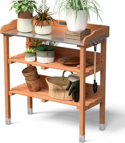 Giantex Garden Potting Bench, Outdoor Wood Workstation Table with Galvanized Steel Tabletop, 5 Hooks, 2-Tier Storage Shelves, Outside Work Station Potting Table with Raised Edge, Easy Assembly