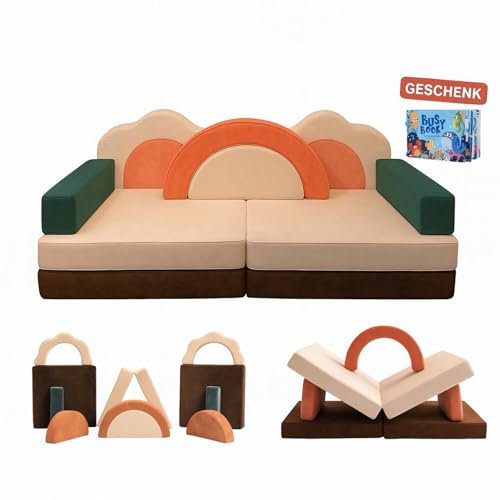 11-teiliges Kindersofa klappbar – Spielsofa modular ab 1 Jahr | Montessori Sofa in Grün & Orange | Bodensofa & Schlafsessel für Kinder