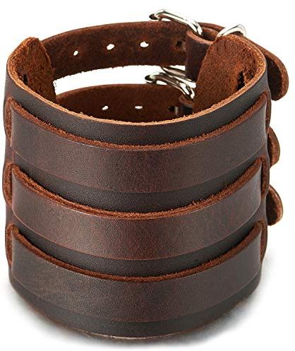 COOLSTEELANDBEYOND Große und Breites Lederarmband für Herren Punk Rock Armreif Braun Echtes Leder mit Drei Schnallen