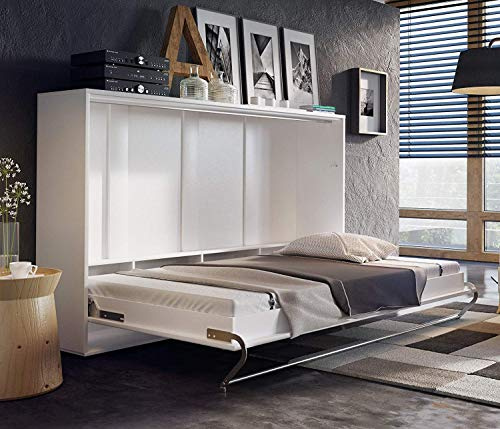 Arthauss Modern Bedroom Horizontal Fold Away Pull Out Wall Bed in White Matt 120cm x 200cm - Space Saving, Murphy Bed with a Secure Locking System and Convenient Self-Holding Feature