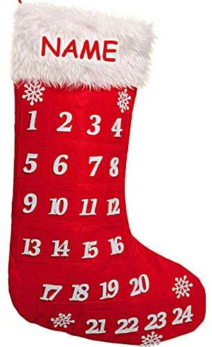 alles-meine.de GmbH 10 Stück XL - Weihnachtssocken & Filzstrümpfe - Weihnachtskalender/Adventskalender - inkl. Name - leer zum selbst Befüllen - 51 cm - ROT - Nikolausstiefel..