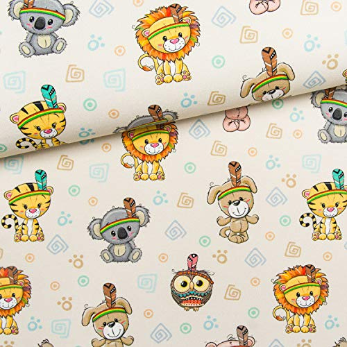 50x150cm Tiere Baumwollstoff - Kinderstoffe für Jungen - Stoffe zum Nähen für Kinder & Baby aus 100% Baumwolle - Premium Baumwollstoffe - keine Meterware - Kinderstoff Hund Bär Löwe Indianer Stoff
