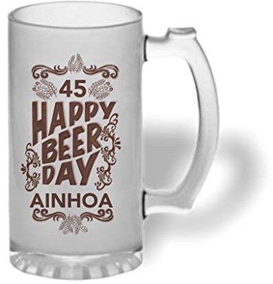 Bee Ingenious Jarra cerveza personalizada de cristal esmerilado. Jarra de cerveza original: Happy Beer Day. Con edad y nombre personalizados