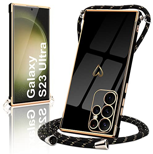 Micoden for Samsung Galaxy S23 Ultra Case with Strap Crossbody Lanyard Cord Neck Cute Heart for Girls Women Holder with Necklace Silicone Shockproof Cover for Samsung Galaxy S23 Ultra Black