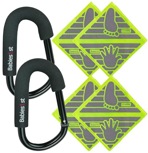 Babies1st Spar Set: Große Karabiner 14 cm (2-er Set) und Kinderwagen Reflektoren 12 x 12 cm Neon Gelb (4-er Set)