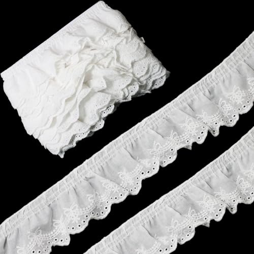 Yalulu 5 Yards Spitzenband aus Baumwolle, Dekoband Zierband Spitzenstoff Spitzenborte, Rüschen Spitze Borte für Nähen Handwerk Hochzeit Deko (Weiß)
