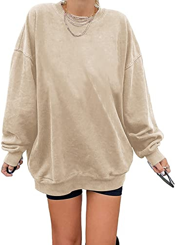 Tongmingyun Sweatshirt Damen Los Angeles Pullover Oversized Langarmshirt Rundhals Pulli Basic Loose Tops Ohne Kapuze Teenager Vintage Oberteile Shirts Khaki L