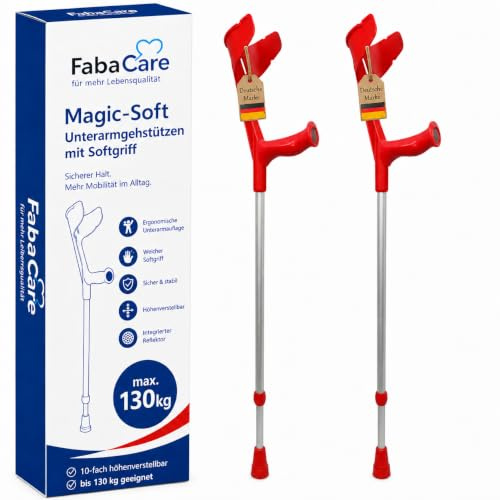 FabaCare Krücke mit Softgriff Magic-Soft, 2 Stück Unterarmgehstützen mit Softgrip, Gehhilfe höhenverstellbar, leichte Gehstütze, Unterarmkrücke bis 130 kg, Rot