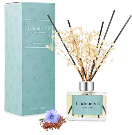 L'odeur Vill Reed diffusorset, 200 ml (7, oz) doftspridare av rent linne med 6 oljespridningspinnar, hemdoft eterisk olja vass diffusor för hem stora rum badrumshylla dekor