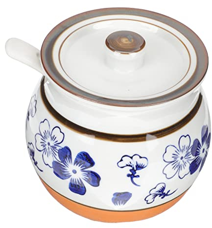 BESTonZON Ceramic Sugar Container with Lid and Spoon 500ML Water Flower Sugar Bowl Porcelain Seasoning Jar for Kitchen and Coffee Bar