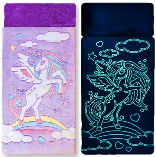 Einhorn-Schlafsack für Kinder, leuchtet im Dunkeln, Kinderschlafsäcke Machen lustige Einhorn-Geschenke für Mädchen, perfekt für Übernachtungen, Camping, Plüsch-Schlafmatte für Vorschule, mit