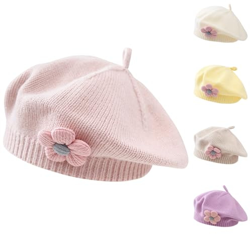 Kunyeah Beretthatt för små flickor varm mössa för vintern mössa småbarn fransk stil stickad hatt bebis söt blomma berets, rosa, One size
