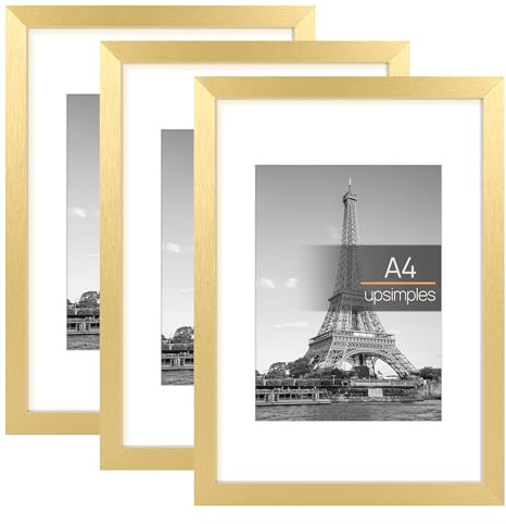 upsimples 3 Pack Bilderrahmen A4 Gold Rahmen für Urkundenrahmen, Fotorahmen | DIN A4 Urkundenrahmen Bilderrahmen für Bilder, Poster und Zertifikate, Wandbilder für Arbeitszimmer, Wohnzimmer, Büro
