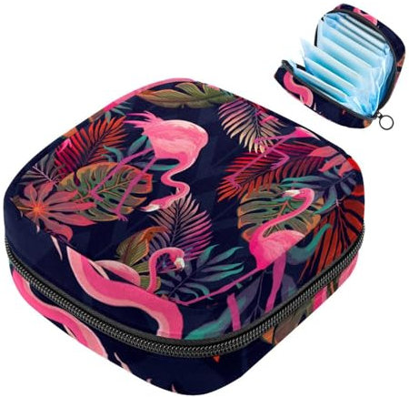 Pink Flamingo Jungke Leaf Damenbinden-Aufbewahrungstasche, große Menstruationstassentasche mit Reißverschluss, Periodeneinlagen, Tasche, Slipeinlagen, Tampons für Mädchen und Frauen, mehrfarbig,