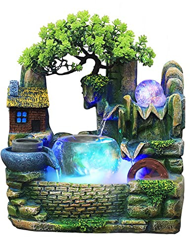 TAPMING Tischbrunnen mit LED Beleuchtung, Wasserfall, Nebel, Pflanzen, Luftbefeuchter, Geschenk, Dekoration