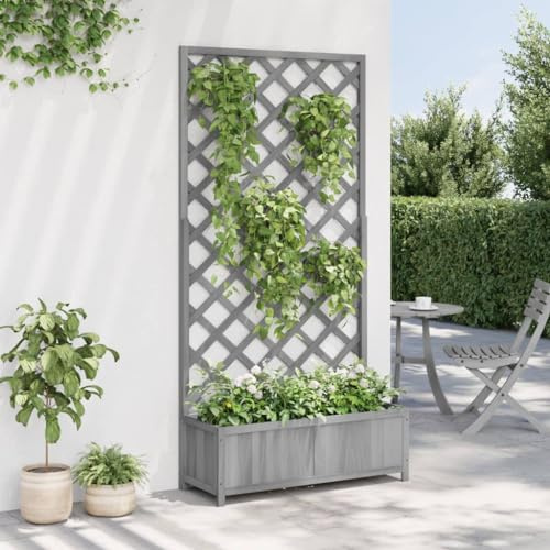 Fioriera in Legno Massello di Abete con Traliccio Rampicante, Letto Rialzato Grigio 90x35x180 cm con Grigliato da Giardino, Vaso Legno Massello, Letto Rialzato Giardino, Traliccio Rampicante, Piante R