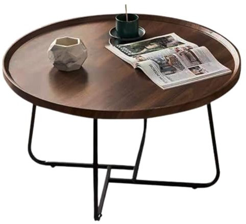 Table basse multifonctionnelle moderne salon ménage petit ménage combinaison ronde table basse en noyer dessus en bois et cadre en métal noir (couleur : noyer, taille : 80 x 46 cm)