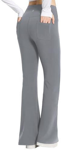 BALEAF Yogabyxor, dam, hög midja, slagbyxor, magkontroll, fritidsbyxor, bomull, sportbyxor, långa, yogabyxor, med fickor, normal/stora, Grå (innersula: 81 cm), L