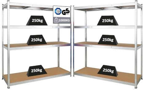 PROREGAL Mega Deal 2X Schwerlastregal Taurus XL mit TÜV/GS Zertifizierung180x160x60cm mit Fachlast 250kg Verzinkt Kellerregal, Steckregal, Garagenregal, Lagerregal