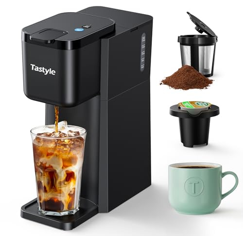 Tastyle Mini Hot and Iced Coffee Maker Single Serve, for K Cup and Ground, 6 to 14 Oz Brew Sizes, with Recipe Book, for Home, Travel, RV, Office and Dorm,Classic Black (2.0 Version)