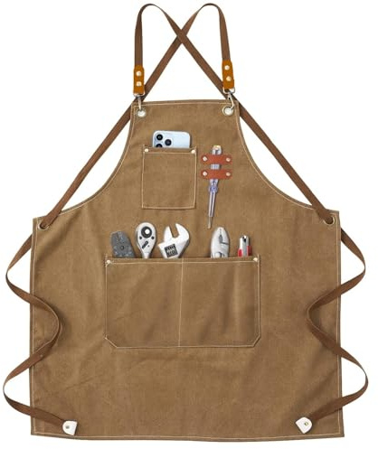 Oyiclyea Brown Cotton Canvas Work Apron, Heavy Duty, Multi-Pocket, Cross-Back, Unisex-Adults, Crafts/Hobbies, DIY Enthusiasts