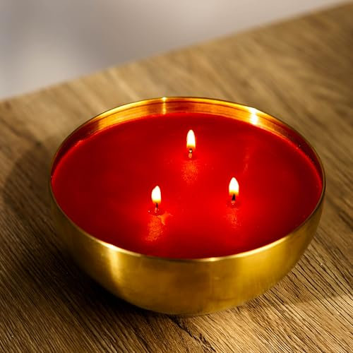 Marco Paul Large 3 Wick Scented Candles Gold Bowl Spiced Berry Scent Festive Fragrance Gift Xmas Decoration Table Centrepiece Scent Candles Long Burning Luxury