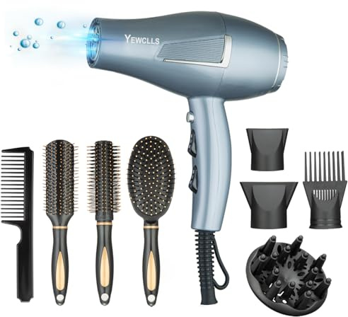 Sèche-cheveux ionique Salon de séchage rapide 2100W professionnel 2 concentrateur 4 peignes 1 diffuseur Salon familial Sèche-cheveux à friser avec bouton froid (Gris Argenté)