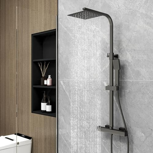 Thermostatic Mixer Shower Set,Square Chrome Silver&Matte Black Bathroom Thermostat Shower System with Adjustable 8 Overhead Rainfall Shower Head and Handheld Shower (Matte Black)