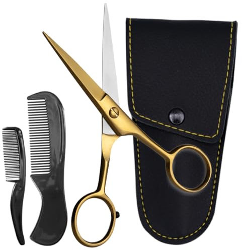 ONTAKI 5 Beard Moustache Scissors Professional German Steel 2 Comb Carrying Pouch Mustache Trimming - Hand Forged Bevel Edge Precision Men Facial Hair Grooming Kit All Body Hair (Golden Brass)