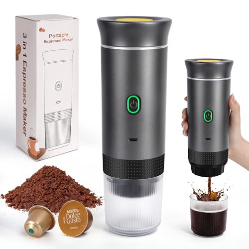 LAMA Electric Espresso Coffee Machine, Portable Coffee Maker, 3 In 1 Travel Coffee Maker, 4-6 min Self-Heating, Large Capsules, Small Capsules, Ground Coffee for Camping, RV, Office, Home Grey