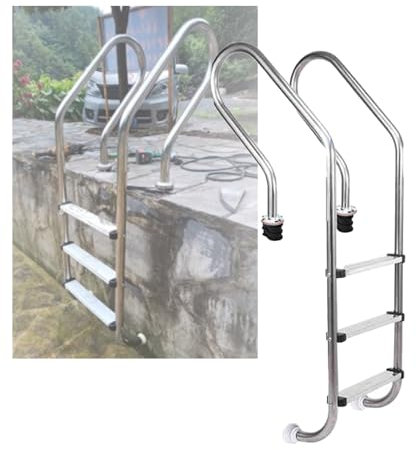 Swimming Pool Ladder, 2/3 Steps Stainless Steel Step, Easy Assembly and Climbing Swimming Pool Step with Curved Handrails for Indoor Outdoor Pool(3-Steps1.0mm)