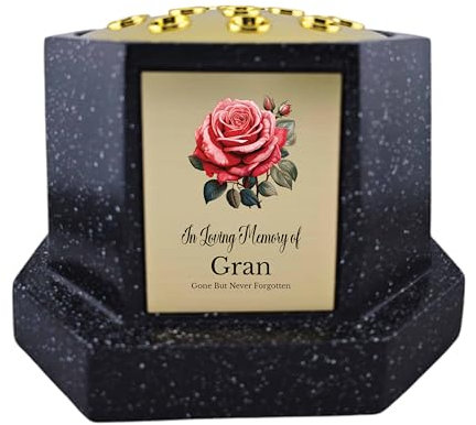 In Loving Memory Of Memorial Octagon Rose Bowl Grave Marker Flower Pot Vase With Rose Design Mum Dad & Lots More Black/Gold (UV PRINTED) (Gran)