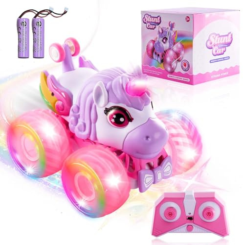 FORESTDREAM Einhorn Ferngesteuertes Auto für Mädchen, RC Stunt Auto 4WD mit LED Licht, 360° Drehung, 2.4GHz Offroad RC Car Kinder, USB Aufladung, Einhorn Spielzeug Auto Geschenk für Mädchen