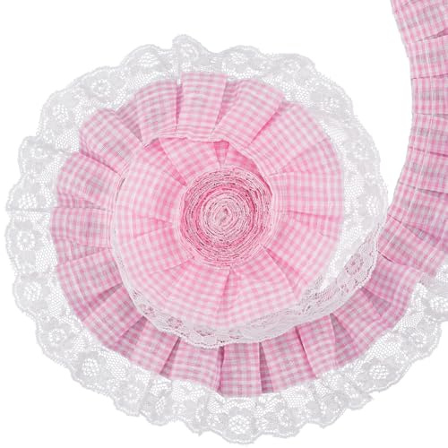 GORGECRAFT Cinta de Encaje de Gasa Plisada de Cuadros Rosas 4.6m con Fruncido de Tafetán A Cuadros Estilo Búfalo Tejido de Malla de Organza 6.3cm con Volantes Apliques Bordados Ribetes de Costura DIY