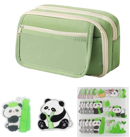 Prmape Federmäppchen Mädchen, Mäppchen Aesthetic Grün, Schulsachen Federtasche mit Fächer, Pencil Case Cute, mit Panda Anhänger Broschen Aufklebern, Stiftetasche Große Kapazität für Schule & Büro