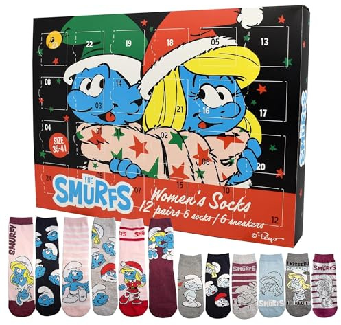 United Labels I Puffi Calendario dell'Avvento con 12 paia di calzini da donna, taglia 35-41, calendario con sneakers e calzini lunghi, calendario natalizio regalo