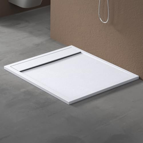 doporro Duschtasse Duschwanne 90x100x3cm Mineralguss Weiß Ablaufgarnitur | Rechteckig Duschwanne für bodenebene Montage mit DIN-Anschlüssen & Ablaufgarnitur – stabil & pflegeleicht AL06 Geoma10