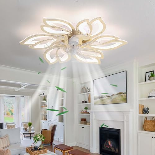 Ventilatore da soffitto LED intelligente con telecomando, motore CC reversibile a 6 velocità, ventilatore da soffitto per camera da letto da 72 W, funzione timer, design floreale elegante - Finitura