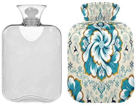 Bolsas de agua caliente estilo copo de nieve nórdico con estampado de cachemira, azul cian, con cubierta suave, bolsa de agua caliente de 2 litros para alivio del dolor de cuello y hombros, bolsa para