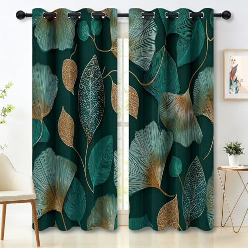 Verdunkelungsvorhänge mit Ösen H260 x B140 cm (2er Set), Moderner Luxus Blätter Bedruckte Thermo Vorhänge für Schlafzimmer & Kinderzimmer, Blickdichte Gardinen Lärmschutz, Dunkelgrün